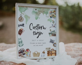 Puede incluir: Un cartel enmarcado en blanco con una ilustración de acuarela de un mapa del mundo, iconos con temática de viajes y el texto "Custom sign 5X7" + 8X10" Create as many signs as you need!"