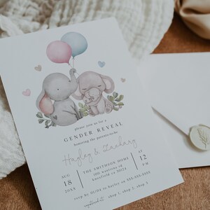 Modèle d'Invitation pour baby shower, éléphant garçon ou fille, invitation imprimable pour baby shower, couple baby shower, ballon rose ou bleu, invitation BD179 image 3