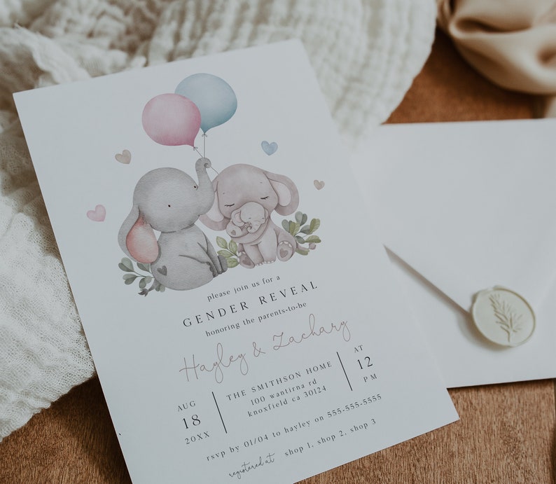 Modèle d'Invitation pour baby shower, éléphant garçon ou fille, invitation imprimable pour baby shower, couple baby shower, ballon rose ou bleu, invitation BD179 image 3