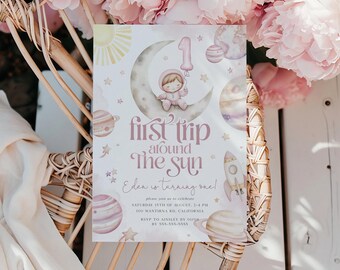 First Trip Around the Sun Editable Birthday Invitation, Pastel Pink Outerspace Birthday Invite, Girls 1st Birthday Printable Invite, BD217