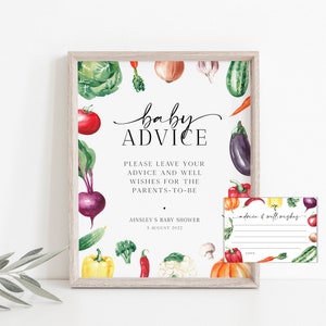 May include: A printable baby shower advice card with a watercolor illustration of vegetables. The card says "baby advice" and "Please leave your advice and well wishes for the parents-to-be".