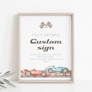 Race Car Custom Sign Template, Race Car Birthday Party Sign, Editable Sign, Vintage Race Car Party, Blue + Red Race Car, Printable, BD159