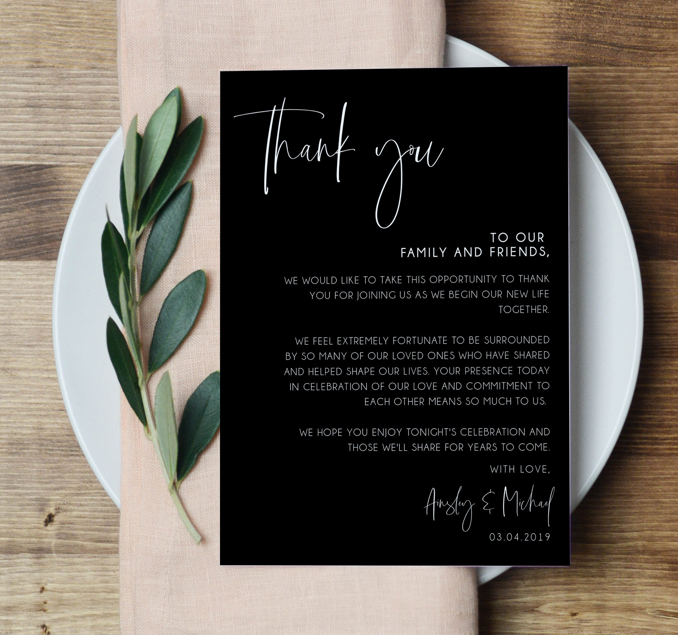 Black Modern Wedding Thank You Note Template, Minimalist, Wedding Place ...