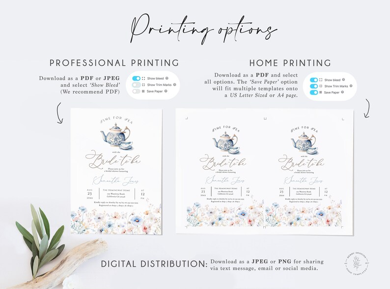 Dusty Blue Tea Party Bridal Shower Invitation, Blue Wildflower Tea Party Editable Invite, Modern Floral Tea for the Bride-to-be, BD205 image 6