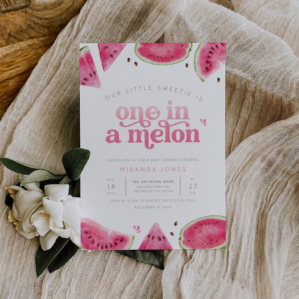 One In A Melon Baby Shower Invitation, Watermelon Editable Invitation, Watermelon Baby Shower Invite, Pink Baby Shower, Printable, BD177