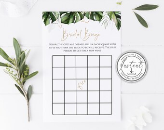 Tropical Bridal Bingo Editable Game Card Template, Tropical Bridal Shower Activity Card, Printable Game Cards, Instant Download, Palm, BD59
