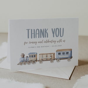 Modelo de cartão de agradecimento para trem, cartão de agradecimento para festa de aniversário Chugga Two Two, cartão de lembrancinhas de aniversário para trem, modelo para imprimir para aniversário de meninos, BD170