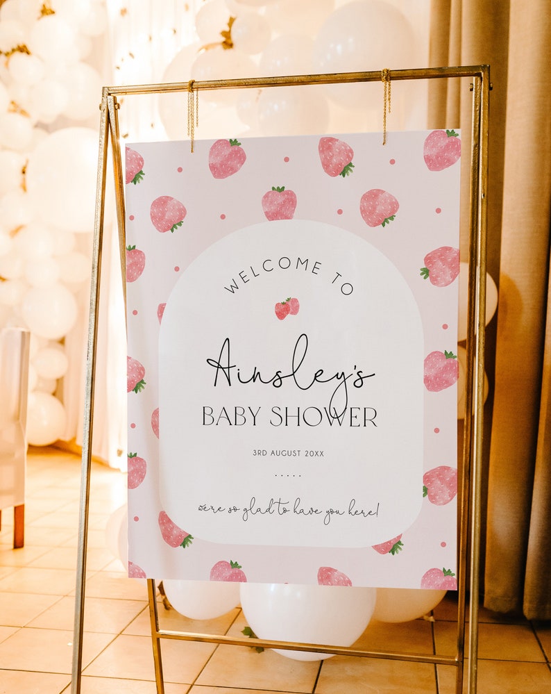 Strawberry Baby Shower Welcome Sign Template, Berry Sweet Baby Editable Welcome Signage, Printable Welcome Sign, Fruit Baby Shower, BD171 image 2