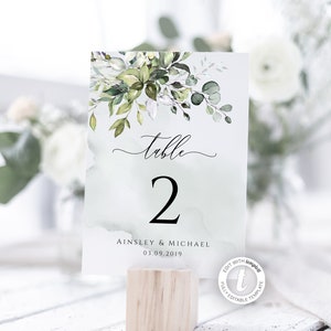 Editable Wedding Table Numbers Template, Greenery, Instant Download, Rustic, Boho, Printable, Elegant, Eucalyptus, Watercolor, BD44