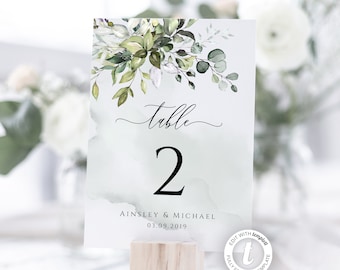 Editable Wedding Table Numbers Template, Greenery, Instant Download, Rustic, Boho, Printable, Elegant, Eucalyptus, Watercolor, BD44