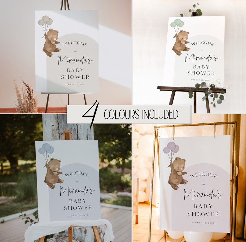 Puede incluir: Cuatro carteles de bienvenida para un baby shower con un oso sosteniendo globos. Los carteles son de cuatro colores diferentes: azul, verde, morado y rosa. El texto en los carteles dice "Bienvenido al baby shower de Miranda".