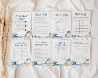 8 Baby Shower Games Editable Templates, Surf Beach Baby Shower Activities, Summer Baby Shower Games, Printable Game Cards, Ocean, BD160
