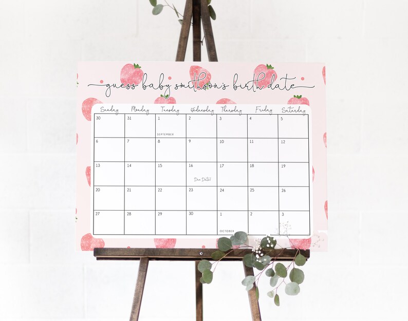 Puede incluir: Un calendario blanco con un patr&oacute;n de melocot&oacute;n y el texto "guess baby smithson's birth date". El calendario est&aacute; configurado para septiembre y octubre con los d&iacute;as de la semana etiquetados en ingl&eacute;s.