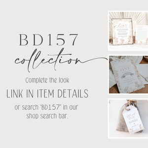 May include: A collection of printable party decorations with a woodland theme. The set includes a "Time Capsule" sign, a "One" invitation, and a "Thank You" tag. The designs feature a neutral color palette with brown, beige, and white accents.