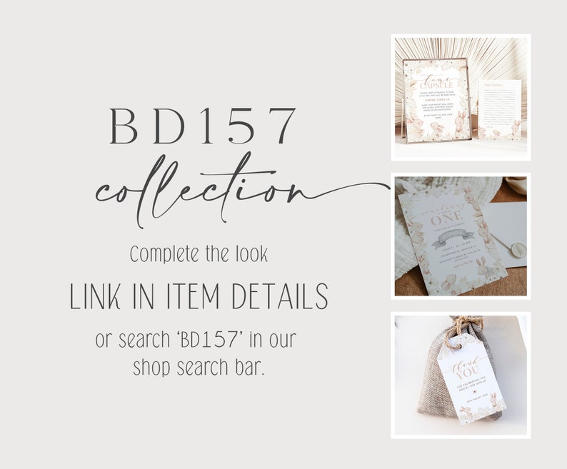 May include: A collection of printable party decorations with a woodland theme. The set includes a "Time Capsule" sign, a "One" invitation, and a "Thank You" tag. The designs feature a neutral color palette with brown, beige, and white accents.