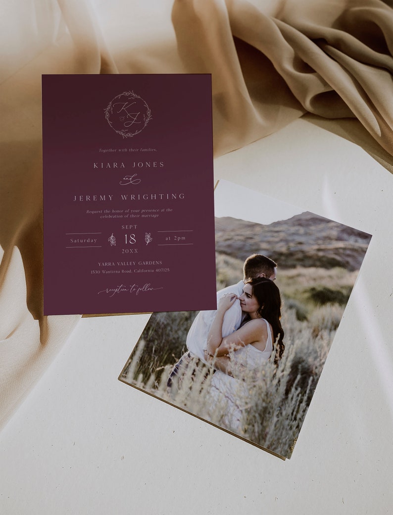Modern Mauve Wedding Invitation Template, Monogram Wedding Invitation, Editable Modern Wedding Invite, Botanical Invite, Simple & Elegant image 3