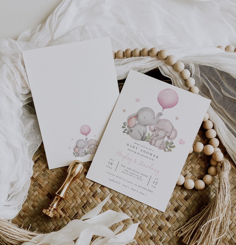 Girl Elephant Baby Shower Invitation Template, Pink Couple's Elephant ...