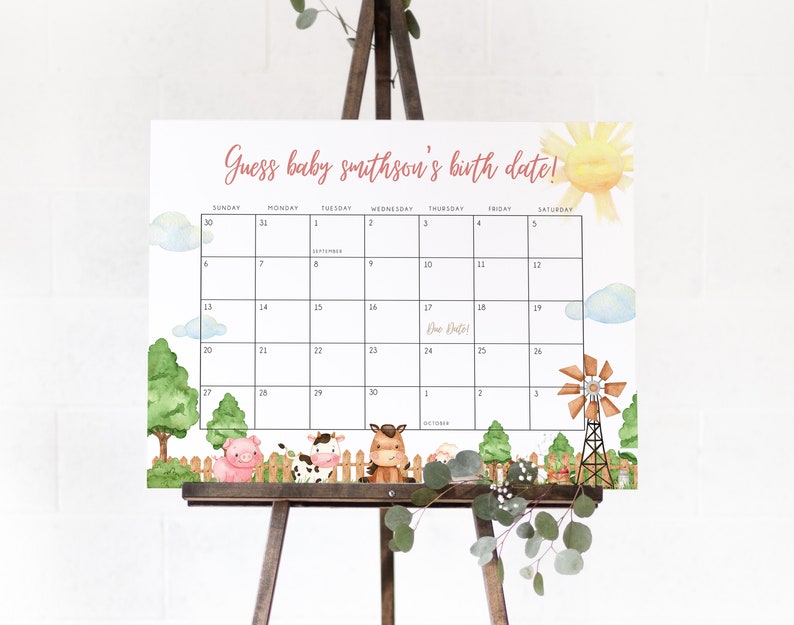 May include: A printable baby shower game with a watercolor farm theme. The game is a calendar with the text "Guess baby Smithson's birth date!" and a due date marked on September 18th.