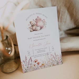 Tasses à thé de fleurs sauvages et invitation d'ours en peluche, invitation de baby shower de partie de thé, heure pour le moment d'invitation, baby shower floral rose imprimable BD205