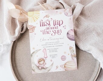 First Trip Around the Sun Personalised Birthday Invitation, Pastel Pink Outerspace Birthday, Girls 1st Birthday Printable Invite, BD217