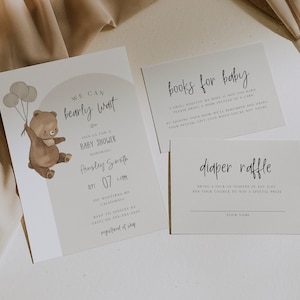 Set di inviti per baby shower a forma di orso con palloncino, pacchetto di inviti "We Can Bearly Wait", invito ad arco per orsetto unisex, stampabile BD149
