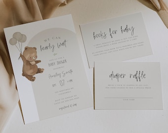 Bear Balloon Baby Shower Invitation Suite, We Can Bearly Wait Invitation Bundle, Gender Neutral Baby Bear Invite Arch Invite Printable BD149