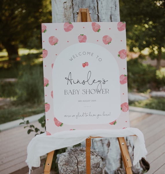 Strawberry Baby Shower Welcome Sign Template, Berry Sweet Baby Editable Welcome Signage, Printable Welcome Sign, Fruit Baby Shower, BD171