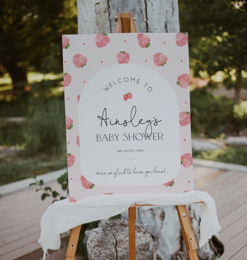 Strawberry Baby Shower Welcome Sign Template, Berry Sweet Baby Editable Welcome Signage, Printable Welcome Sign, Fruit Baby Shower, BD171 image 1