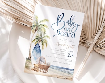 Baby on Board Invitation, Surf Beach Baby Shower Editable Invitation Bundle, Summer Baby Shower, Printable Invite, Shower Evite, BD215