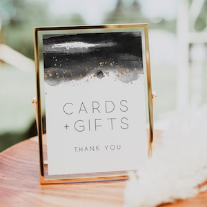 Gold & Black Cards and Gifts Modern Wedding Sign, Editable Sign Template, Instant Download, Black Watercolor, Printable Sign, Minimal, BD119