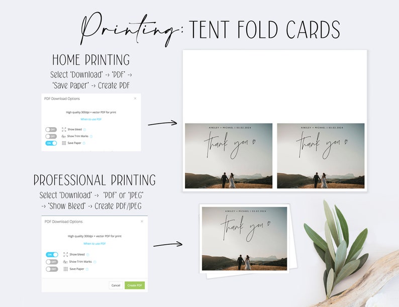Pu&ograve; includere: Istruzioni per la stampa di biglietti pieghevoli a forma di tenda a casa o in modo professionale. L'immagine mostra uno screenshot di un menu di opzioni di download PDF con opzioni per mostrare il fondo perduto, i segni di taglio e risparmiare carta. L'immagine mostra anche un mockup di un biglietto pieghevole a forma di tenda con il testo "grazie" e una foto di una coppia.