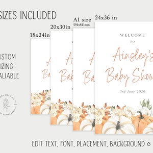 Op de afbeelding: Afdrukbaar welkomsbord voor een babyshower met een herfstthema. Het bord heeft een aquarel-illustratie van pompoenen, bladeren en bloemen in tinten oranje, wit en groen. De tekst op het bord luidt "Welkom op Ainsley's babyshower, 3 juni 2020". Het bord is verkrijgbaar in vier formaten: 18x24 inch, 20x30 inch, 24x36 inch en A1-formaat (594x841 mm).