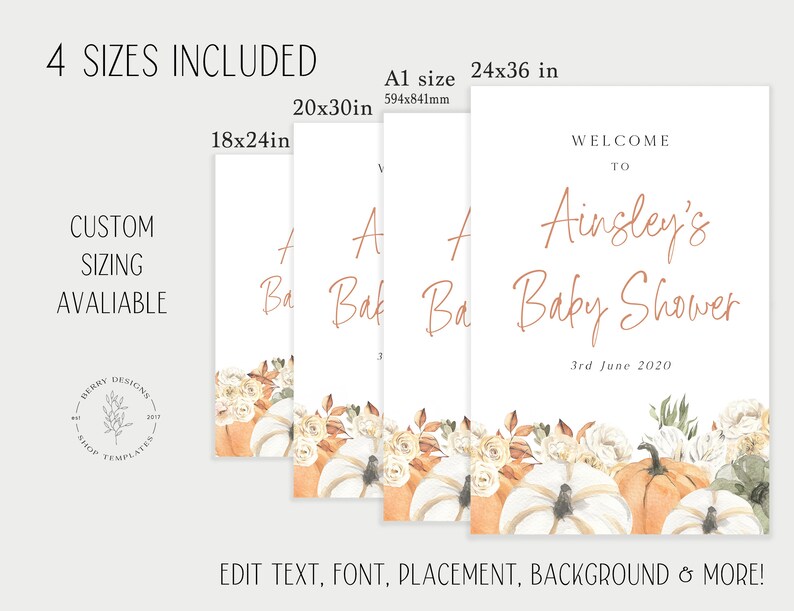 Op de afbeelding: Afdrukbaar welkomsbord voor een babyshower met een herfstthema. Het bord heeft een aquarel-illustratie van pompoenen, bladeren en bloemen in tinten oranje, wit en groen. De tekst op het bord luidt "Welkom op Ainsley's babyshower, 3 juni 2020". Het bord is verkrijgbaar in vier formaten: 18x24 inch, 20x30 inch, 24x36 inch en A1-formaat (594x841 mm).