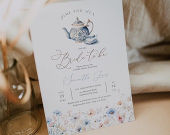 Staubige blaue Teeparty-Brautduscheneinladung, blaue Wildblumen-Teeparty-bearbeitbare Einladung, moderner Blumentee für die zukünftige Braut, BD205