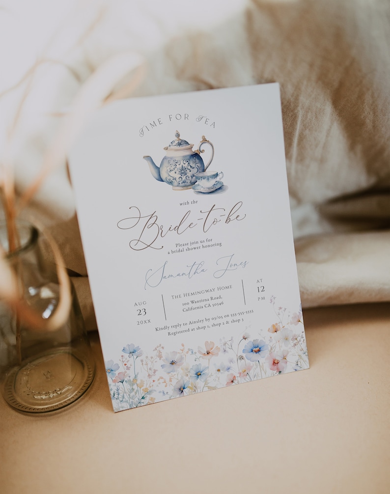 Dusty Blue Tea Party Bridal Shower Invitation, Blue Wildflower Tea Party Editable Invite, Modern Floral Tea for the Bride-to-be, BD205 image 1