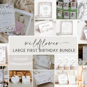 Girls First Birthday Invitation Bundle, Wildflower Birthday Invitation Suite, Wildflower Girls 1st Birthday Flower Invite, Printable, BD172