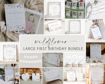 Girls First Birthday Invitation Bundle, Wildflower Birthday Invitation Suite, Wildflower Girls 1st Birthday Flower Invite, Printable, BD172