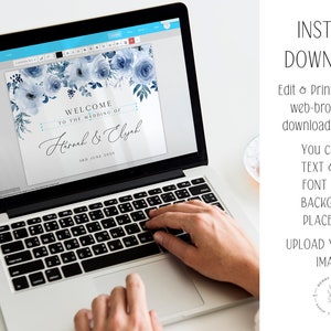 Puede incluir: Una pantalla de computadora port&aacute;til que muestra una plantilla de invitaci&oacute;n de boda con un dise&ntilde;o floral azul. El texto de la invitaci&oacute;n dice "Bienvenido a la boda de Hannah & Elyah 3 de junio de 2029". El texto "DESCARGA INSTANT&Aacute;NEA Editar e imprimir desde su navegador web. NO se requieren descargas. Puede editar: TEXTO & FUENTE, COLOR DE FUENTE, UBICACIONES DE FONDO CARGAR SUS PROPIAS IM&Aacute;GENES" se muestra en el lado derecho de la imagen.