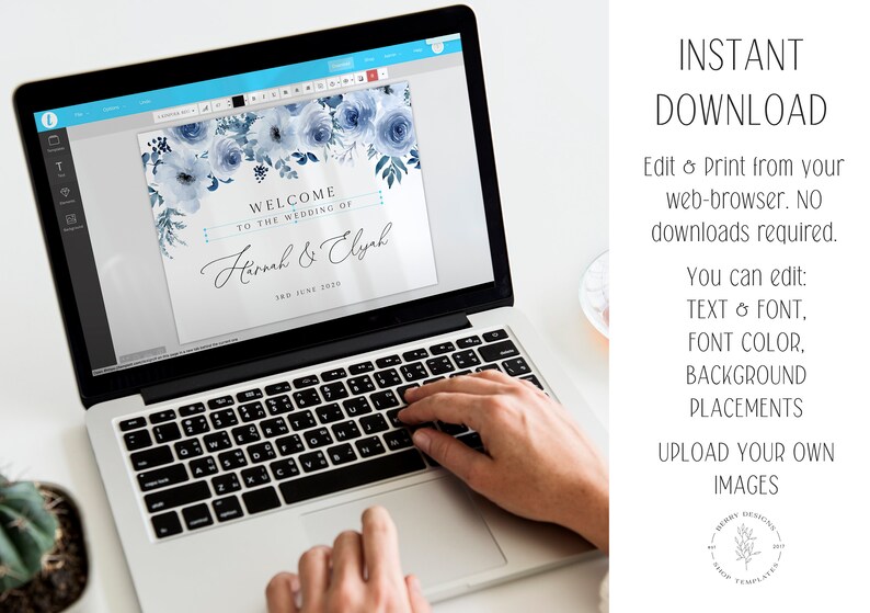 Puede incluir: Una pantalla de computadora port&aacute;til que muestra una plantilla de invitaci&oacute;n de boda con un dise&ntilde;o floral azul. El texto de la invitaci&oacute;n dice "Bienvenido a la boda de Hannah & Elyah 3 de junio de 2029". El texto "DESCARGA INSTANT&Aacute;NEA Editar e imprimir desde su navegador web. NO se requieren descargas. Puede editar: TEXTO & FUENTE, COLOR DE FUENTE, UBICACIONES DE FONDO CARGAR SUS PROPIAS IM&Aacute;GENES" se muestra en el lado derecho de la imagen.