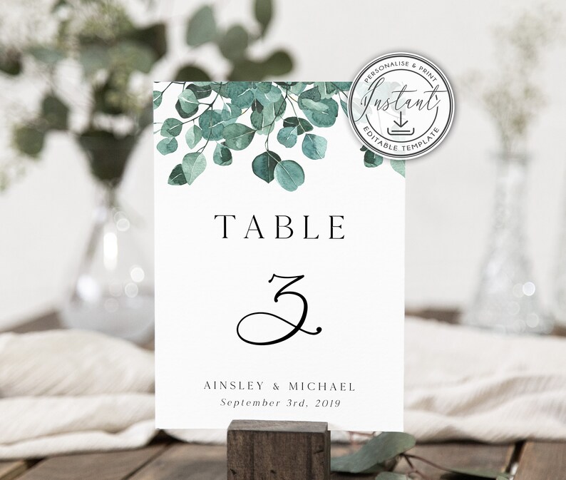 Editable Wedding Table Numbers Template, Greenery Eucalyptus, In Editable Wedding Table Numbers Template, Greenery Eucalyptus, In