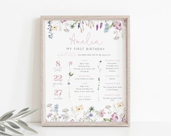 Wildflower Milestone Birthday Poster, Girl 1st Birthday Stats Board, Spring Flowers First Birthday Sign, Printable Milestone Poster, BD172