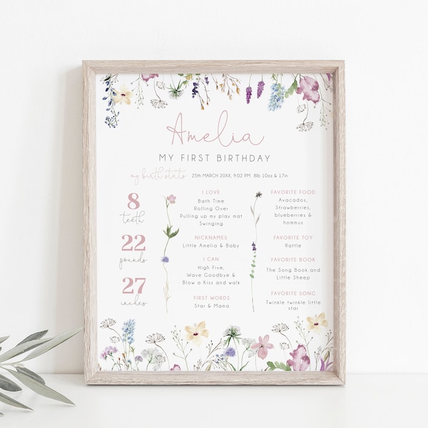 Wildflower Milestone Birthday Poster, Girl 1st Birthday Stats Board, Spring Flowers First Birthday Sign, Printable Milestone Poster, BD172