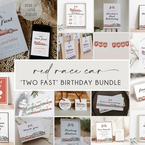 Race Car Birthday Invitation Bundle, Two Fast Red Racing Car Party Suite, Printable Birthday Decor, Car Themed Birthday Set, Download, BD159