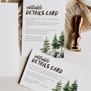 May include: Editable details card with a watercolour illustration of pine trees and rocks. The card is 5 inches by 3.5 inches and includes both horizontal and vertical versions. The text on the card reads "editable details card".