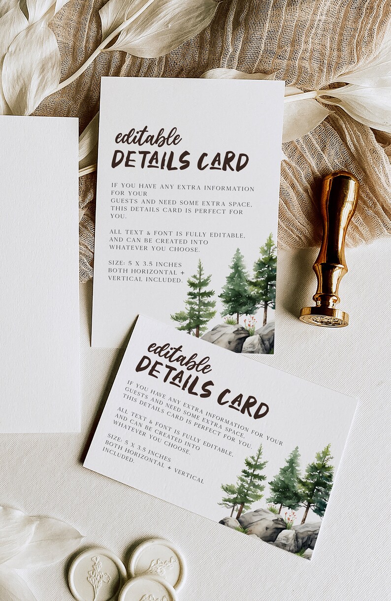 May include: Editable details card with a watercolour illustration of pine trees and rocks. The card is 5 inches by 3.5 inches and includes both horizontal and vertical versions. The text on the card reads "editable details card".