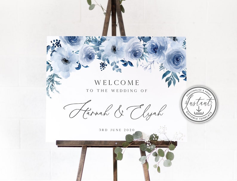 Puede incluir: Un cartel de bienvenida de boda con flores y vegetaci&oacute;n de acuarela azul. El cartel dice "Bienvenido a la boda de Hannah & Elyah 3 de junio de 2020".