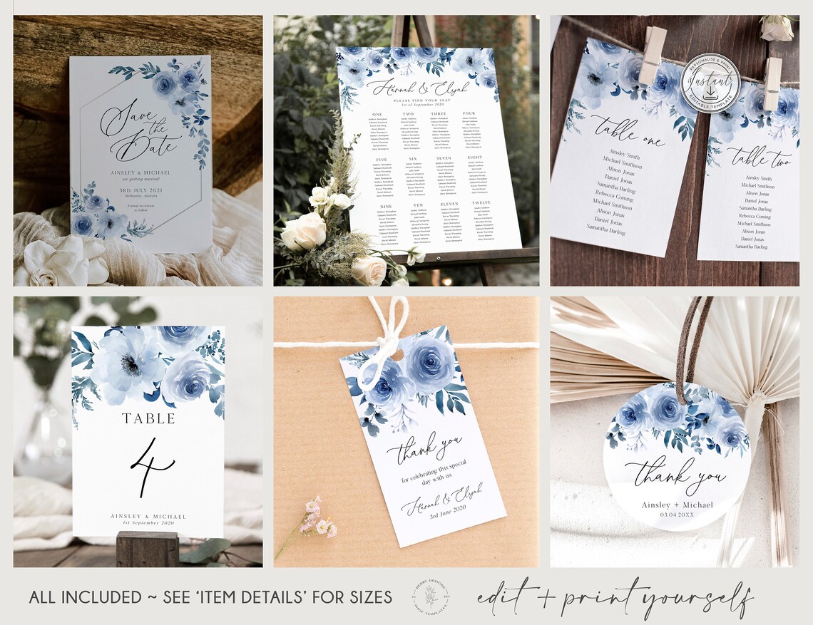 Dusty Blue Wedding Bundle Blue Floral Wedding Template - Etsy