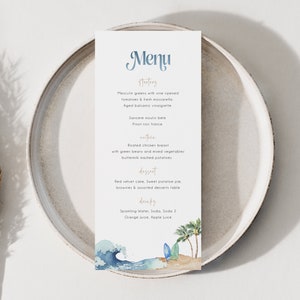 Ocean & Surf Menü bearbeitbare Vorlage, Strand Babyparty Menüvorlage, bearbeitbares Menü, druckbares Menü, Beach Party Menü, Baby an Bord, BD160