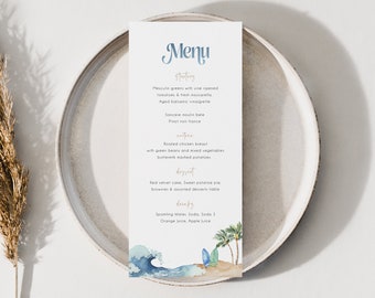 Modello modificabile per menù Ocean & Surf, modello per menù baby shower in spiaggia, menù modificabile, menù stampabile, menù per feste in spiaggia, baby a bordo, BD160