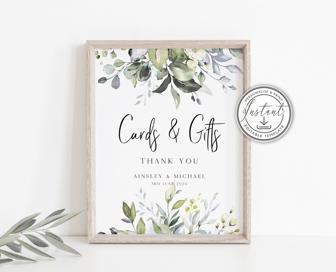 Watercolor Greenery Cards & Gifts Wedding Sign Template | Etsy